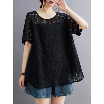設計感后背開叉鏤空蕾絲衫女夏大碼胖mm寬松顯瘦時尚百搭短袖上衣