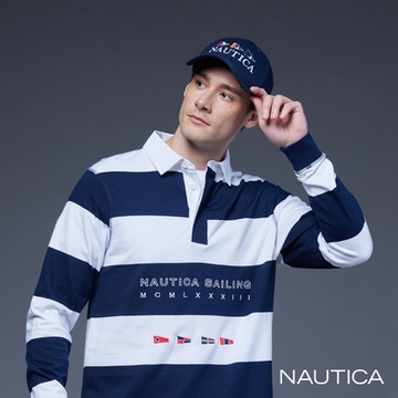 Nautica男裝 旗語刺繡條紋長袖POLO衫-藍白色