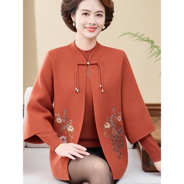 新中式兩件套毛衣媽媽秋裝中老年女國風外套秋冬刺繡針織開衫上衣