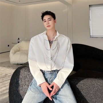 春季復古輕奢風發型師印花襯衫男ins痞帥小眾網紅寬松長袖襯衣潮