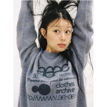 【官方正品】aeae字母印花毛衣女慵懶風寬松圓領兔毛針織衫情侶款