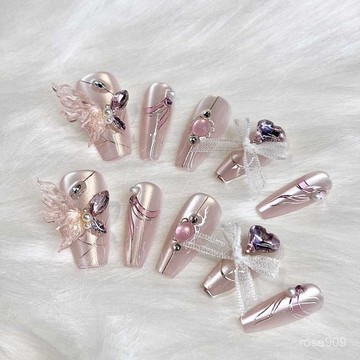 💟加一手工甲💅🏻長款高定蝴蝶手工穿戴甲冰透晶石貓眼美甲指甲甲片成品工廠純手工穿戴甲 YYTX