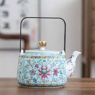 茶壺陶瓷單壺大號提梁壺景德鎮中式復古宮廷風泡茶器琺瑯彩高端
