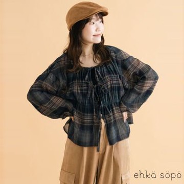 〚ehka sopo〛英式格紋蝴蝶綁結圓領寬袖襯衫