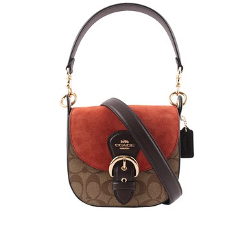 COACH Kleo 17 塗層帆布拼皮革二用馬鞍包（卡其/粉橘色） _廠商直送