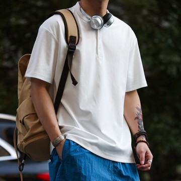 Wuluwear 美式休閒亨利領短袖T恤男寬鬆50支親膚抗皺精梳棉打底衫