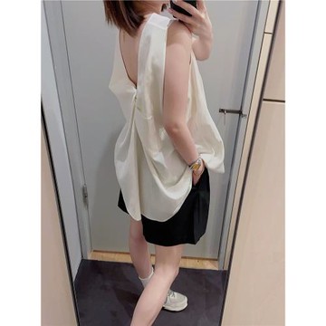 (免運)yjiid自制25夏新品 休閑版型圓領亞麻后背蝴蝶結無袖露背上衣背心