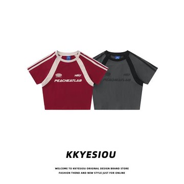 KKyesiou美式甜辣bm風運動短款上衣女紅色插肩袖高腰辣妹短袖T恤