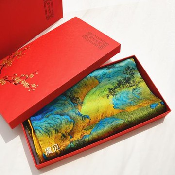 古風千里江山絲巾黃色真絲中式大方巾桑蠶絲披肩禮盒絲綢圍巾禮品