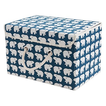 日式棉麻收納盒 帶棉麻把手 38 x 25 x 25cm  北極熊 藍色 + 白色  1個