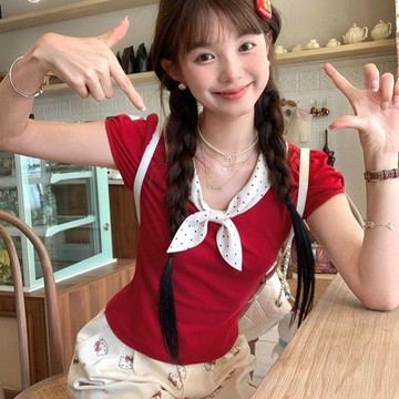 【甜美顯瘦】韓系波點蝴蝶結撞色短袖T恤 女裝上衣 夏季新款 修身時尚減齡 短袖上衣