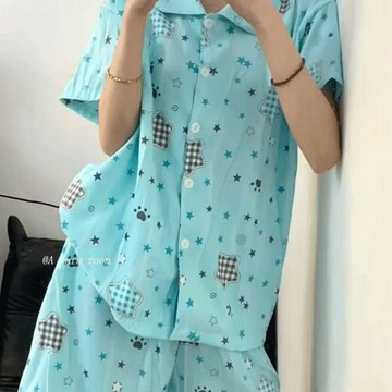睡衣 多巴胺 ins 可愛 海鹽星星 睡衣女 夏季 新款 時尚 潮流 短袖 短褲 網紅款 少女 家居服 套裝 外穿 睡衣