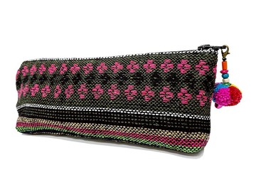 梭織布藝筆袋，粉紅，綠色，筆袋帶絨球的棉質鉛筆袋