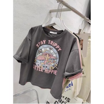 灰色短袖t恤女設計感2023夏季新款辣妹減齡半袖美式復古短款上衣