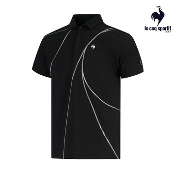 【LE COQ SPORTIF GOLF公雞高爾夫】男款黑色高機能簡約曲線印花短袖POLO衫 QGT2J231