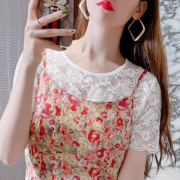 法式甜美蕾絲上衣女短袖夏薄款吊帶裙內搭鏤空紗衣短款網紗打底衫
