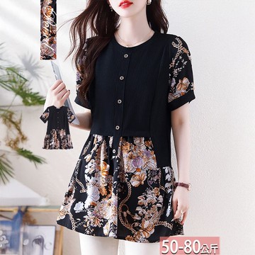假兩件圓領釦飾拚接花卉鍊條印花上衣 XL-5XL【945555X】【現+預】☆流行前線☆