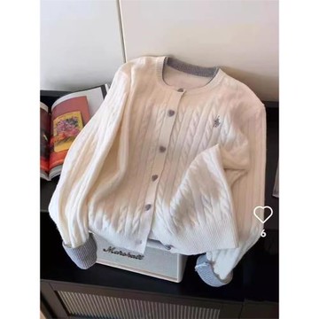 拼色愛心扣麻花紋刺繡圓領針織開衫女2025春新款韓系氣質減齡毛衣