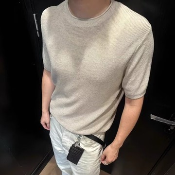 輕奢風短袖針織衫男 夏季韓版高級感休閒圓領T恤舒適正肩短袖