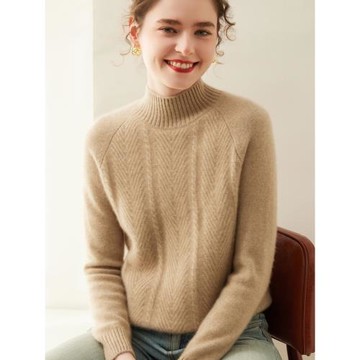 秋冬新款加厚羊絨衫女半高領插肩袖扭花毛衣打底針織衫內搭