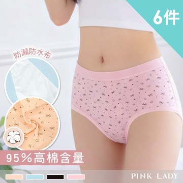Pink Lady 6件內褲組 生理褲 防漏防水布 高棉含量 親膚舒適 中高腰 包臀內褲 學生內褲 少女內褲 9605