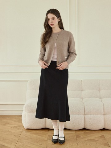 100% 羊絨 側開衩鈕釦圓領開襟羊絨衫 - 米杏色