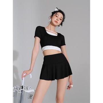 蘇拉娜公主分體泳衣女三件套保守顯瘦遮肚裙式短袖黑色泡溫泉泳裝
