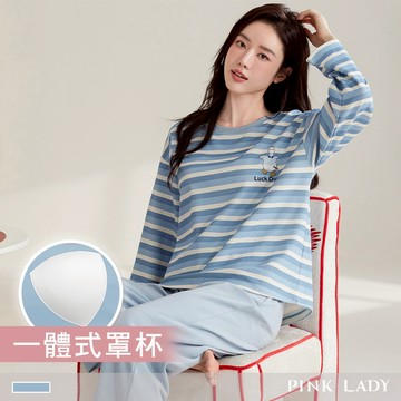 Pink Lady 幸運鴨鴨 罩杯式 棉質 成套睡衣 圓領 印花 寬版 長袖長褲 女睡衣 居家服 24122