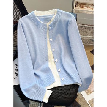 清倉撿漏~春秋拼色圓領假兩件針織開衫女設計感軟糯減齡毛衣外套