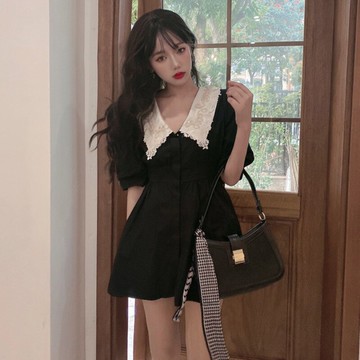 撞色娃娃領泡泡袖連衣裙女夏季年新款裙子氣質韓版收腰短裙潮