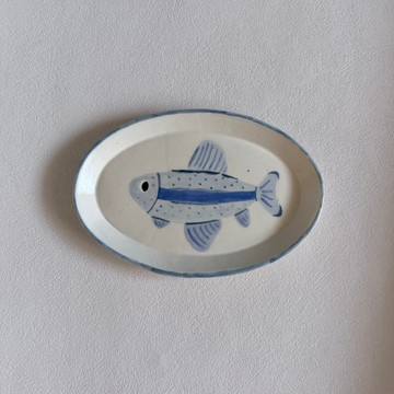 手繪藍魚橢圓盤/悠游藍魚盤