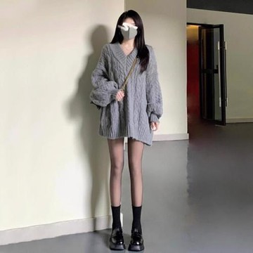 慵懶風灰色v領麻花針織毛衣女外套秋冬季2026新款加厚中長款上衣