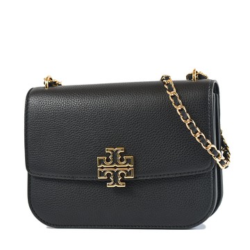 TORY BURCH BRITTEN 荔枝紋翻蓋編織鍊帶肩背/斜背二用包-黑色