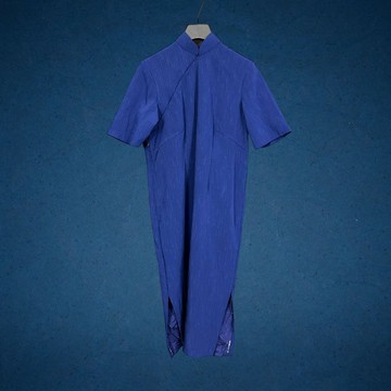 二手 古董訂製 藍色 低調 兩側開衩 條紋織紋 短袖 旗袍 CA715