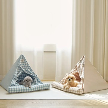 純棉格紋三角寵物窩 - 米色