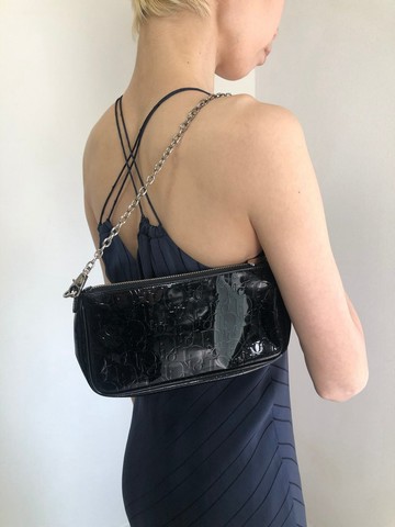 【日本直送 名牌中古包】Christian Dior 緹花 手提包 黑色 漆皮 鍊條 迷你包 vintage 5zy6xf