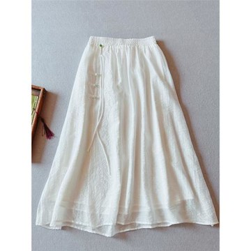 雙層絲麻繡花春夏新復古盤扣松緊腰a字中長裙子超仙大擺裙半身裙