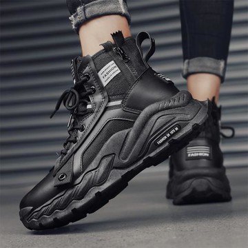 高幫靴子男春季戶外登山休閑馬丁靴男暗黑風防滑勞保工裝皮靴防水