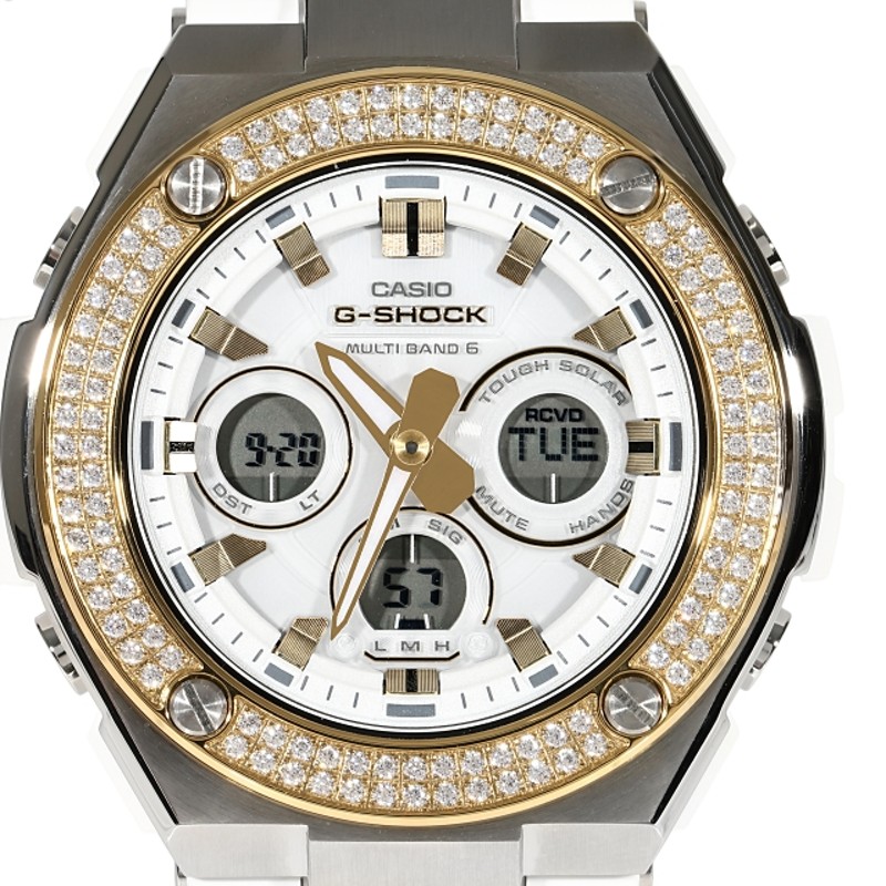 G-SHOCK GST w300 Gスチール ホワイト 白 2連CZダイヤ（キュービックジルコニア）カスタムベゼル コンビ 2TONE 18K  GOLD カスタム | LINEブランドカタログ