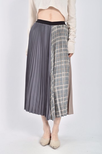 (S) michel klein質感棉質純棉鬆緊腰半格紋半素面棕色長裙