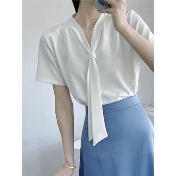 飄帶襯衫短袖v領OL通勤雪紡套頭衫25夏款女抗皺氣質淑女顯瘦上衣