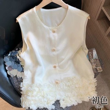 初色 韓版下擺立體花朵拼接圓領無袖單排釦開衫新中式背心上衣女背心-白色-14437(M-2XL可選)