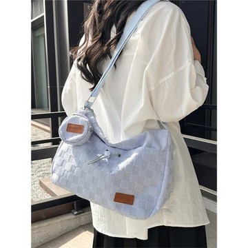 大容量包包女2023新款大學生上課時尚單肩包斜挎棋盤格通勤托特包