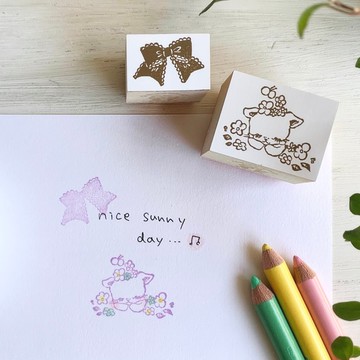 橡皮章【打盹貓咪與蕾絲緞帶印章 2件組】