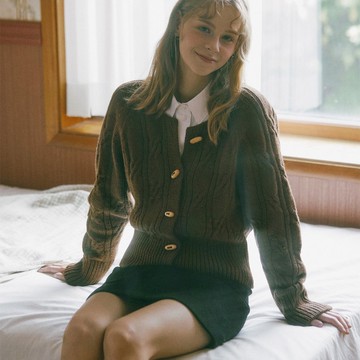 復古麻花羊毛針織外套_Brown