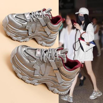 真皮厚底老爹鞋女2025新款春季女鞋百搭運動鞋春季增高休閑水鉆鞋