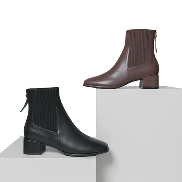 小時光 時髦拼接拉鍊貼腿中跟襪靴 黑 (8B2972)