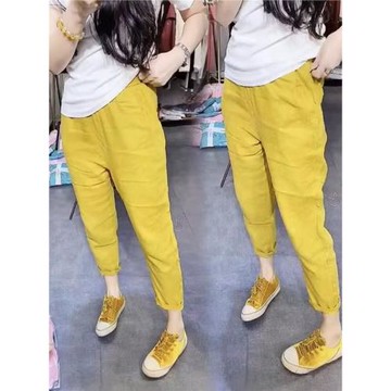 黃色棉麻褲女夏秋歐貨網紅爆款時尚休閑褲高腰顯瘦潮流九分哈倫褲