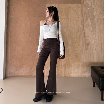 【質感訂製款】DOMISS咖色顯瘦喇叭褲 高彈挺版型 韓系 氣質長褲(現+預)