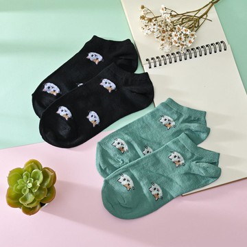 YABY涼感船襪-2雙入-貓臉-黑/豆綠